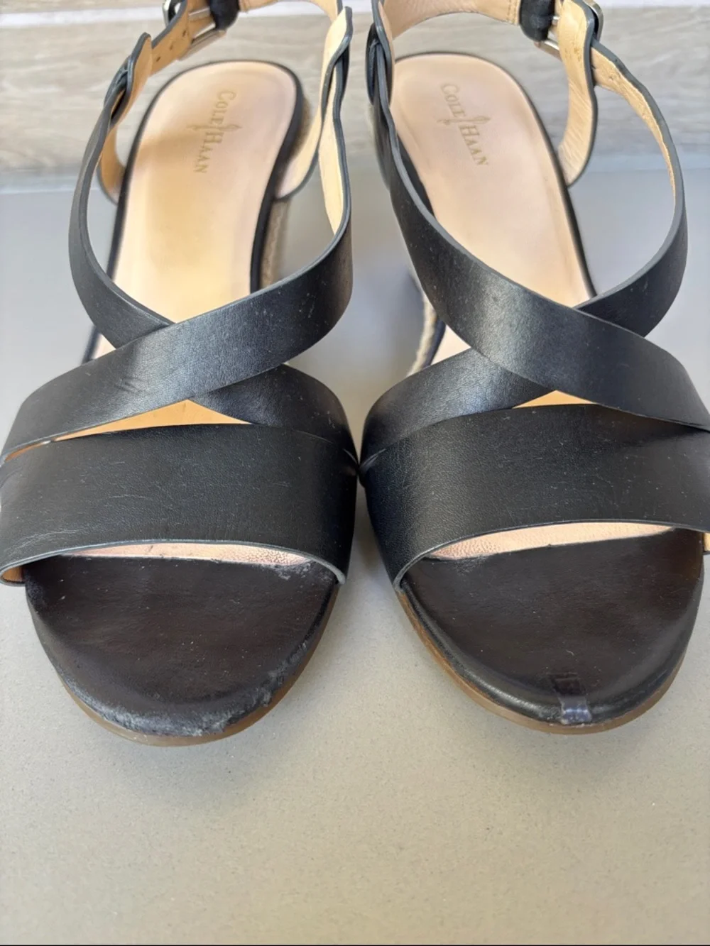 Cole Haan Black Leather Espadrille Taylor Wedge Sandal 7B